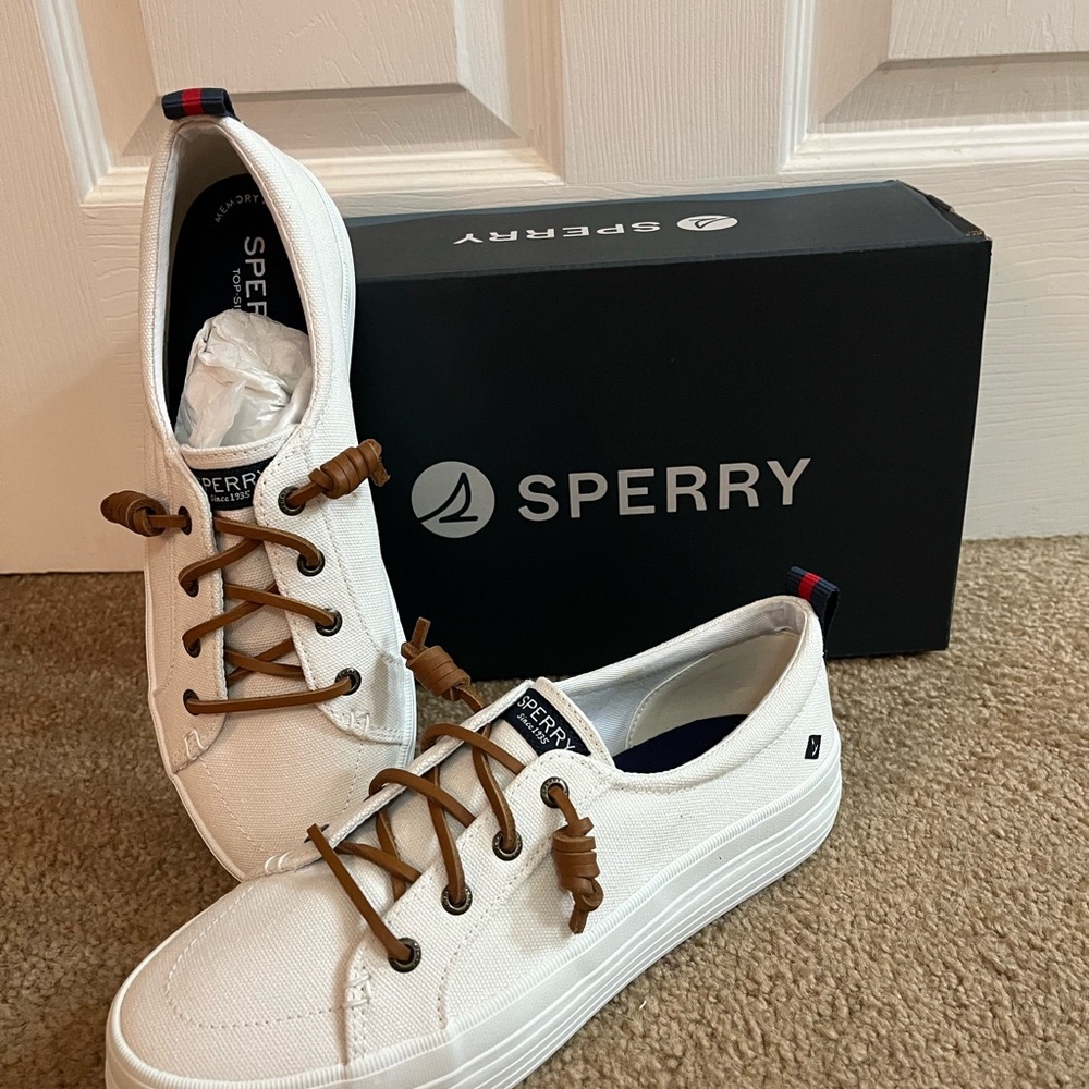 Sperry Women’s NWT White Canvas Platform Sneakers with Brown Laces - Picture 1 of 5